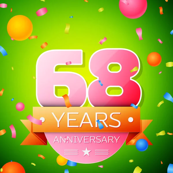 Gerçekçi altmış sekiz yıl yıldönümü kutlama tasarım. Pembe numaraları ve altın şerit, yeşil zemin üzerine konfeti. Doğum günü partin için renkli vektör şablon öğeleri