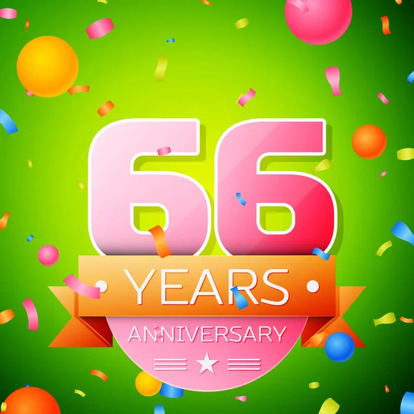 Gerçekçi altmış altı yıl yıldönümü kutlama tasarım. Pembe numaraları ve altın şerit, yeşil zemin üzerine konfeti. Doğum günü partin için renkli vektör şablon öğeleri