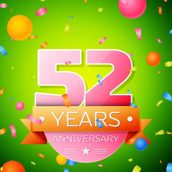 Gerçekçi elli iki yıl yıldönümü kutlama tasarım. Pembe numaraları ve altın şerit, yeşil zemin üzerine konfeti. Doğum günü partin için renkli vektör şablon öğeleri