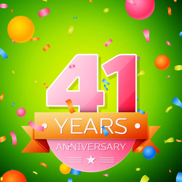 Gerçekçi kırk bir yıl yıldönümü kutlama tasarım. Pembe numaraları ve altın şerit, yeşil zemin üzerine konfeti. Doğum günü partin için renkli vektör şablon öğeleri
