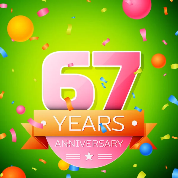Gerçekçi altmış yedi yıl yıldönümü kutlama tasarım. Pembe numaraları ve altın şerit, yeşil zemin üzerine konfeti. Doğum günü partin için renkli vektör şablon öğeleri