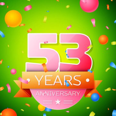 Gerçekçi elli üç yıl yıldönümü kutlama tasarım. Pembe numaraları ve altın şerit, yeşil zemin üzerine konfeti. Doğum günü partin için renkli vektör şablon öğeleri