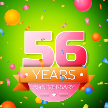 Gerçekçi elli altı yıl yıldönümü kutlama tasarım. Pembe numaraları ve altın şerit, yeşil zemin üzerine konfeti. Doğum günü partin için renkli vektör şablon öğeleri