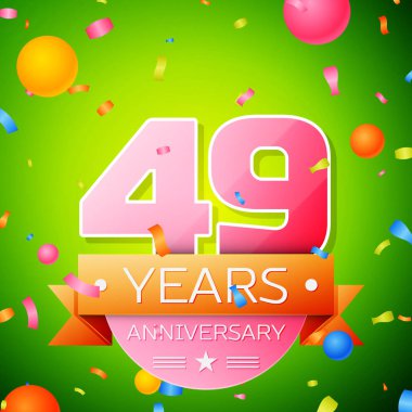 Gerçekçi kırk dokuz yıl yıldönümü kutlama tasarım. Pembe numaraları ve altın şerit, yeşil zemin üzerine konfeti. Doğum günü partin için renkli vektör şablon öğeleri