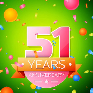 Gerçekçi elli bir yıl yıldönümü kutlama tasarım. Pembe numaraları ve altın şerit, yeşil zemin üzerine konfeti. Doğum günü partin için renkli vektör şablon öğeleri