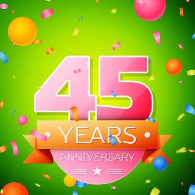 Gerçekçi kırk beş yıl yıldönümü kutlama tasarım. Pembe numaraları ve altın şerit, yeşil zemin üzerine konfeti. Doğum günü partin için renkli vektör şablon öğeleri