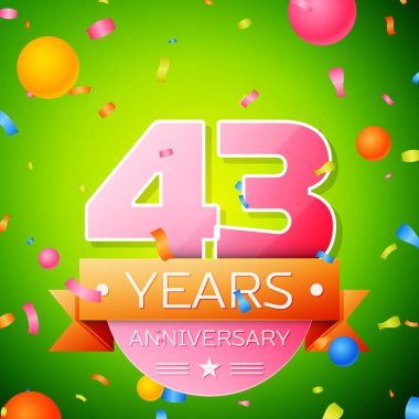 Gerçekçi kırk üç yıl yıldönümü kutlama tasarım. Pembe numaraları ve altın şerit, yeşil zemin üzerine konfeti. Doğum günü partin için renkli vektör şablon öğeleri