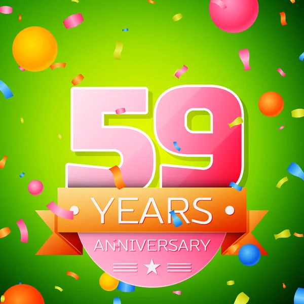 Gerçekçi elli dokuz yıl yıldönümü kutlama tasarım. Pembe numaraları ve altın şerit, yeşil zemin üzerine konfeti. Doğum günü partin için renkli vektör şablon öğeleri