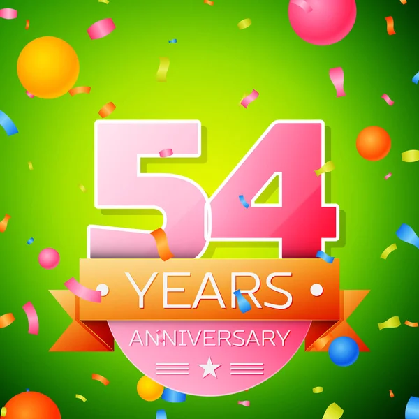 Gerçekçi elli dört yıl yıldönümü kutlama tasarım. Pembe numaraları ve altın şerit, yeşil zemin üzerine konfeti. Doğum günü partin için renkli vektör şablon öğeleri