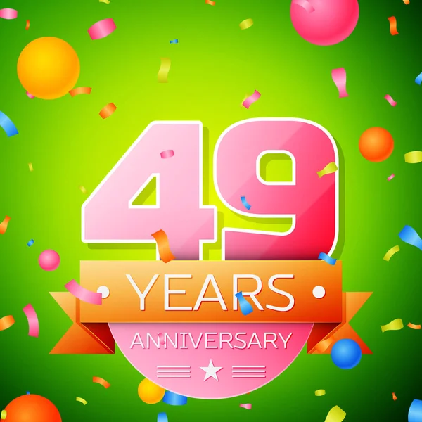 Gerçekçi kırk dokuz yıl yıldönümü kutlama tasarım. Pembe numaraları ve altın şerit, yeşil zemin üzerine konfeti. Doğum günü partin için renkli vektör şablon öğeleri