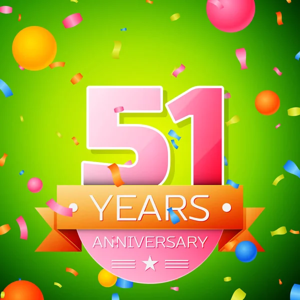 Gerçekçi elli bir yıl yıldönümü kutlama tasarım. Pembe numaraları ve altın şerit, yeşil zemin üzerine konfeti. Doğum günü partin için renkli vektör şablon öğeleri