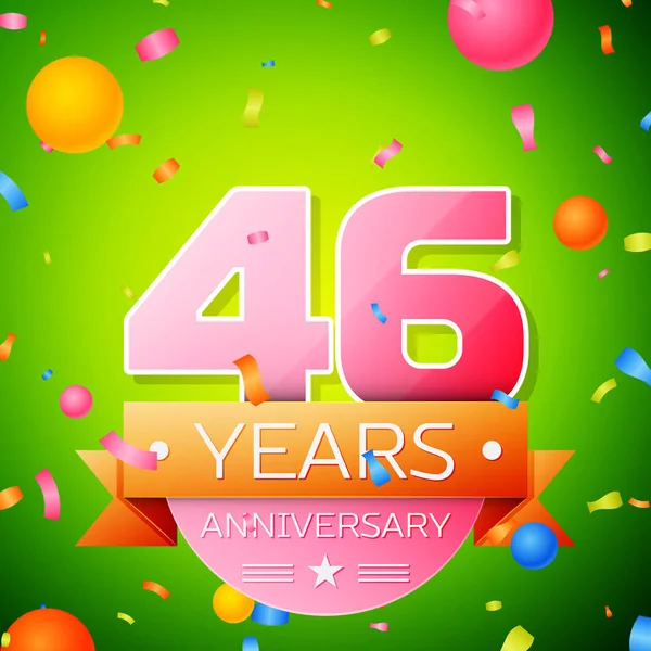 Gerçekçi kırk altı yıl yıldönümü kutlama tasarım. Pembe numaraları ve altın şerit, yeşil zemin üzerine konfeti. Doğum günü partin için renkli vektör şablon öğeleri