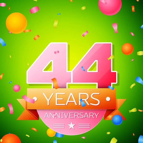 Gerçekçi kırk dört yıl yıldönümü kutlama tasarım. Pembe numaraları ve altın şerit, yeşil zemin üzerine konfeti. Doğum günü partin için renkli vektör şablon öğeleri