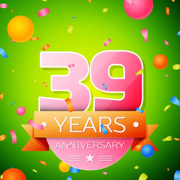 Realistic Thirty nine Years Anniversary Celebration Design. Números rosados y cinta dorada, confeti sobre fondo verde. Coloridos elementos de plantilla Vector para su fiesta de cumpleaños — Vector de stock