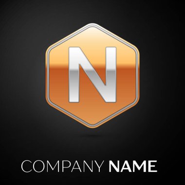 N harfi vektör logo simge siyah arka plan üzerine altıgen altın. Tasarımınız için vektör şablonu