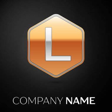 L harfi vektör logo simge siyah arka plan üzerine altıgen altın. Tasarımınız için vektör şablonu