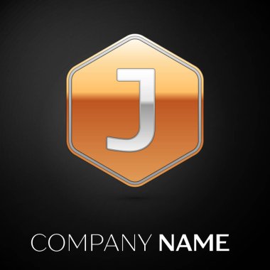 J harfi vektör logo simge siyah arka plan üzerine altıgen altın. Tasarımınız için vektör şablonu