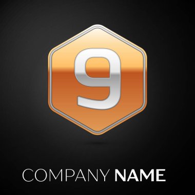 Siyah arka plan üzerine altıgen altın sayı dokuz vektör logo simge. Tasarımınız için vektör şablonu