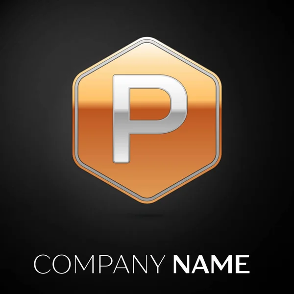 Letter P vector logo symbol in the golden hexagonal on black background. Vector template for your design — Stock Vector