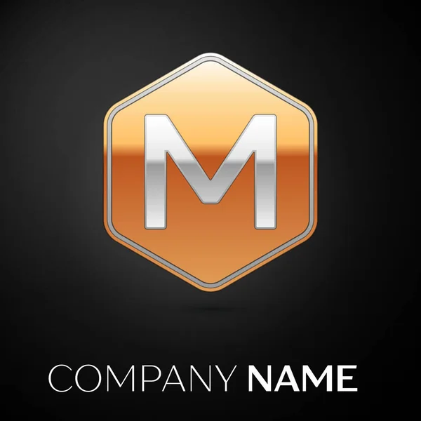 Bokstaven M vektor logotypen symbol i gyllene sexkantiga på svart bakgrund. Vector mall för din design — Stock vektor