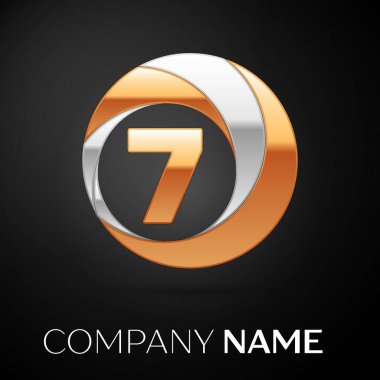 Numara yedi logo sembol siyah zemin üzerine altın-gümüş renkli daire içinde. Tasarımınız için vektör şablonu