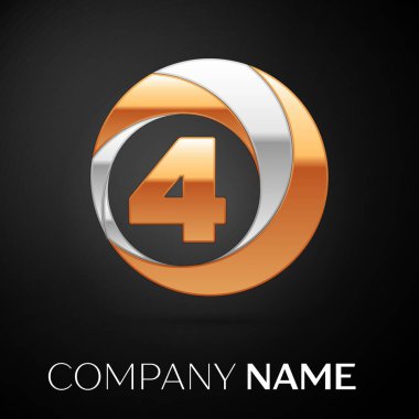 Dört logo sembol siyah zemin üzerine altın-gümüş renkli daire içinde numara. Tasarımınız için vektör şablonu