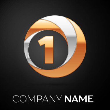 Bir numaralı logo sembol siyah zemin üzerine altın-gümüş renkli daire içinde. Tasarımınız için vektör şablonu