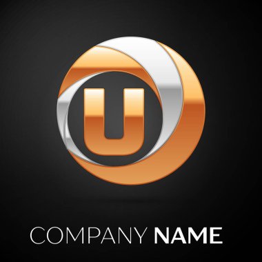 U harfi logo sembol siyah zemin üzerine altın-gümüş renkli daire içinde. Tasarımınız için vektör şablonu