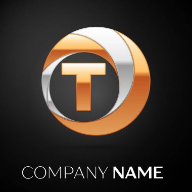 Mektup T logo sembol siyah zemin üzerine altın-gümüş renkli daire içinde. Tasarımınız için vektör şablonu