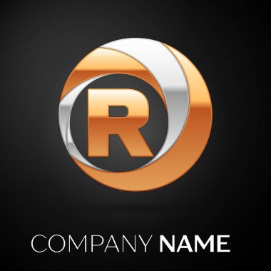 R harfi logo sembol siyah zemin üzerine altın-gümüş renkli daire içinde. Tasarımınız için vektör şablonu