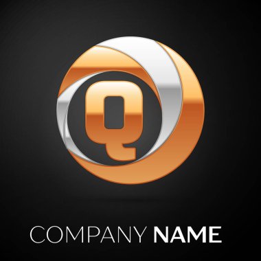 Harf Q logo sembol siyah zemin üzerine altın-gümüş renkli daire içinde. Tasarımınız için vektör şablonu