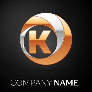 K harfi logo sembol siyah zemin üzerine altın-gümüş renkli daire içinde. Tasarımınız için vektör şablonu
