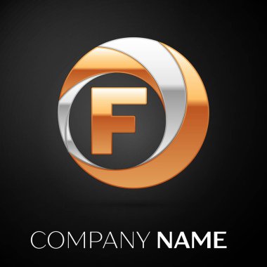 F harfi logo sembol siyah zemin üzerine altın-gümüş renkli daire içinde. Tasarımınız için vektör şablonu