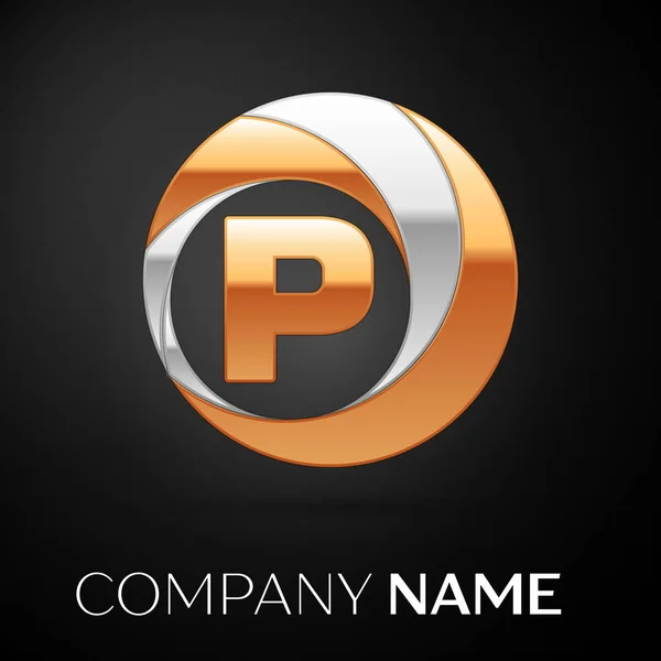 P betű logo szimbólum a arany-ezüst színes kör a fekete háttér. A design vektor sablon — Stock Vector