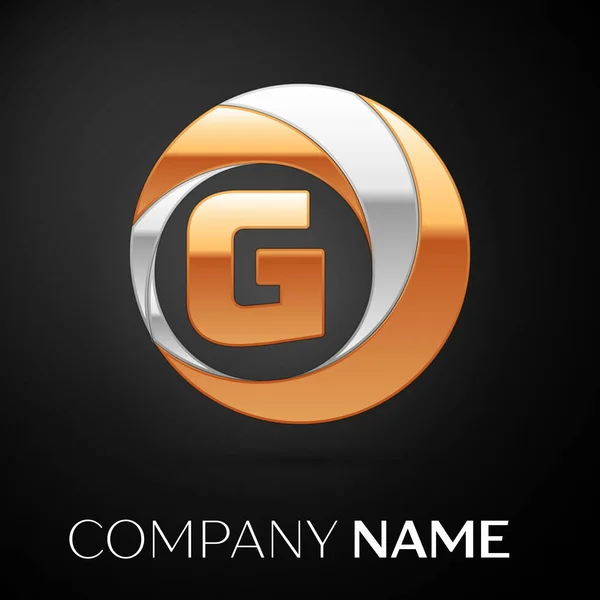 Lettera G simbolo del logo nel cerchio colorato d'oro-argento su sfondo nero. Modello vettoriale per il tuo design — Vettoriale Stock