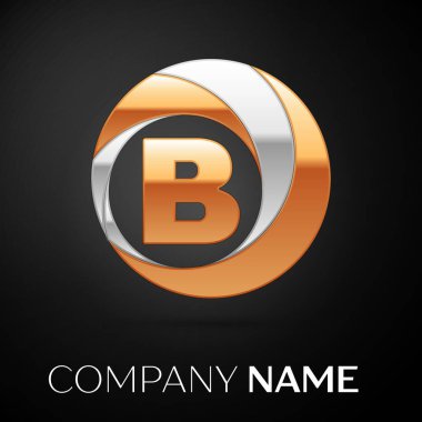 Mektup B logo sembol siyah zemin üzerine altın-gümüş renkli daire içinde. Tasarımınız için vektör şablonu