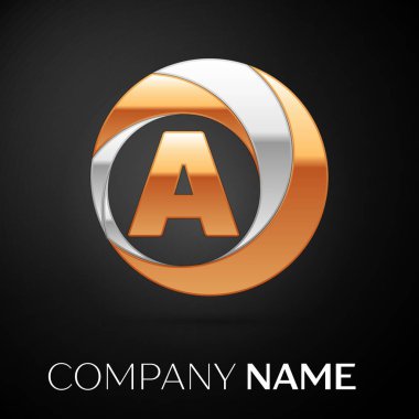 Harf A logo sembol siyah zemin üzerine altın-gümüş renkli daire içinde. Tasarımınız için vektör şablonu