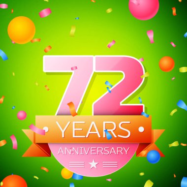 Gerçekçi yetmiş iki yıl yıldönümü kutlama tasarım. Pembe numaraları ve altın şerit, yeşil zemin üzerine konfeti. Doğum günü partin için renkli vektör şablon öğeleri