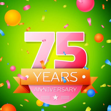 Gerçekçi yetmiş beş yıl yıldönümü kutlama tasarım. Pembe numaraları ve altın şerit, yeşil zemin üzerine konfeti. Doğum günü partin için renkli vektör şablon öğeleri