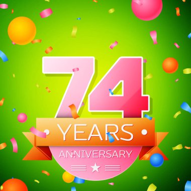 Gerçekçi yetmiş dört yıl yıldönümü kutlama tasarım. Pembe numaraları ve altın şerit, yeşil zemin üzerine konfeti. Doğum günü partin için renkli vektör şablon öğeleri