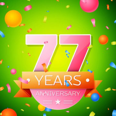 Gerçekçi yetmiş yedi yıl yıldönümü kutlama tasarım. Pembe numaraları ve altın şerit, yeşil zemin üzerine konfeti. Doğum günü partin için renkli vektör şablon öğeleri