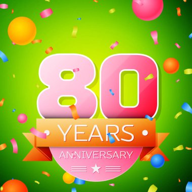 Gerçekçi seksen yıl yıldönümü kutlama tasarım. Pembe numaraları ve altın şerit, yeşil zemin üzerine konfeti. Doğum günü partin için renkli vektör şablon öğeleri