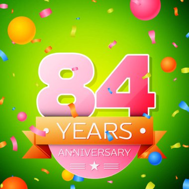 Gerçekçi seksen dört yıl yıldönümü kutlama tasarım. Pembe numaraları ve altın şerit, yeşil zemin üzerine konfeti. Doğum günü partin için renkli vektör şablon öğeleri