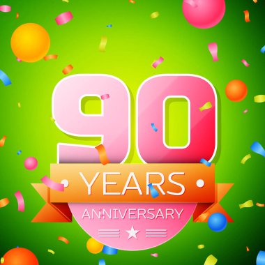 Gerçekçi doksan yıl yıldönümü kutlama tasarım. Pembe numaraları ve altın şerit, yeşil zemin üzerine konfeti. Doğum günü partin için renkli vektör şablon öğeleri