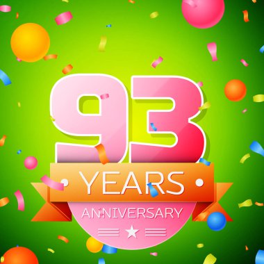 Gerçekçi doksan üç yıl yıldönümü kutlama tasarım. Pembe numaraları ve altın şerit, yeşil zemin üzerine konfeti. Doğum günü partin için renkli vektör şablon öğeleri
