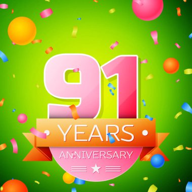 Gerçekçi doksan bir yıl yıldönümü kutlama tasarım. Pembe numaraları ve altın şerit, yeşil zemin üzerine konfeti. Doğum günü partin için renkli vektör şablon öğeleri