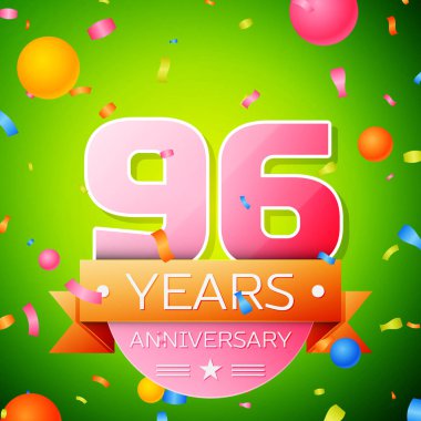 Gerçekçi doksan altı yıl yıldönümü kutlama tasarım. Pembe numaraları ve altın şerit, yeşil zemin üzerine konfeti. Doğum günü partin için renkli vektör şablon öğeleri