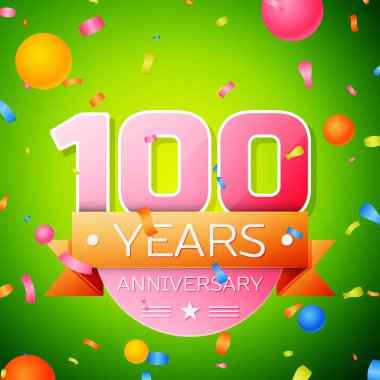 Gerçekçi yüz yıl yıldönümü kutlama tasarım. Pembe numaraları ve altın şerit, yeşil zemin üzerine konfeti. Doğum günü partin için renkli vektör şablon öğeleri