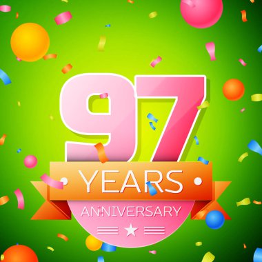 Gerçekçi doksan yedi yıl yıldönümü kutlama tasarım. Pembe numaraları ve altın şerit, yeşil zemin üzerine konfeti. Doğum günü partin için renkli vektör şablon öğeleri