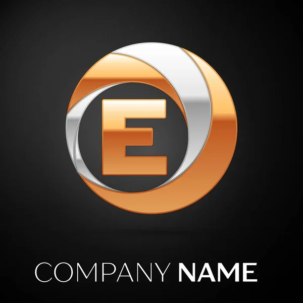 Písmeno E logo symbol v zlatá stříbrná Barevný kruh na černém pozadí. Vektor šablona pro návrh — Stockový vektor